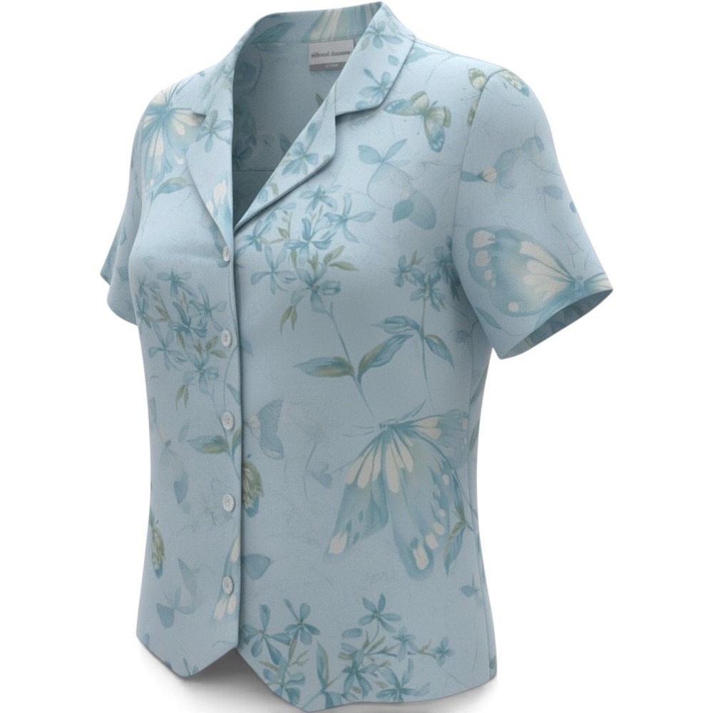 Alfred Dunner Petite 10P Blue Butterfly Floral Button Front Blouse Short Sleeve
